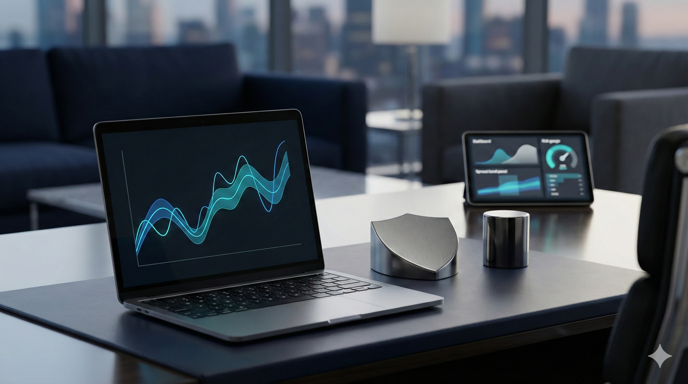 Laptop displaying market charts in an office setting
